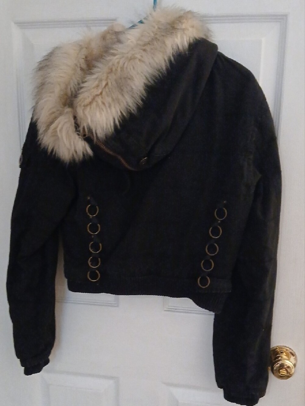Women’s Black Bomber Jacket with Cream Faux Fur Collar - Picture 2 of 7